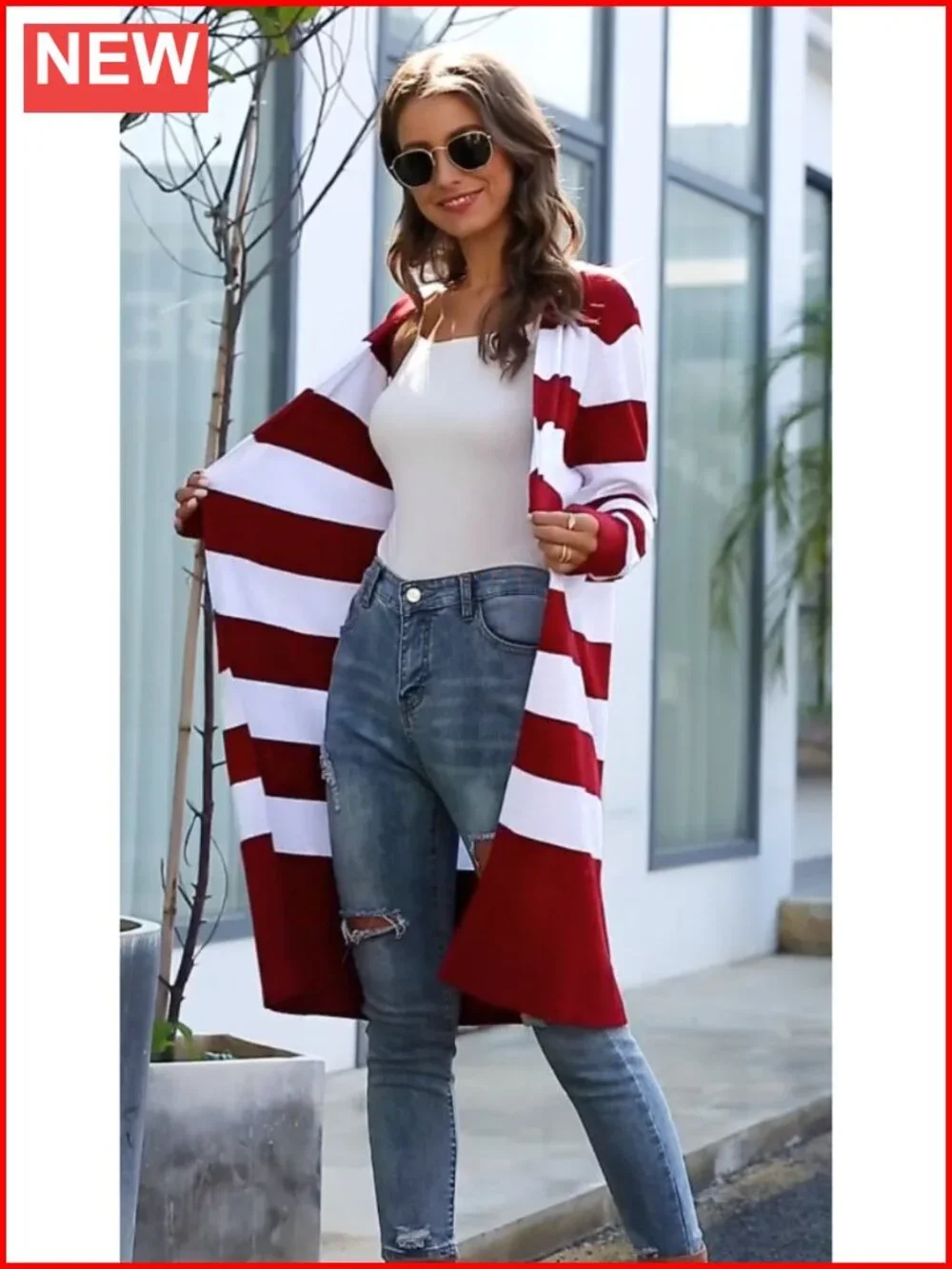 Long Sleeve Open Front Cardigan Striped Loose Maternity Sweater